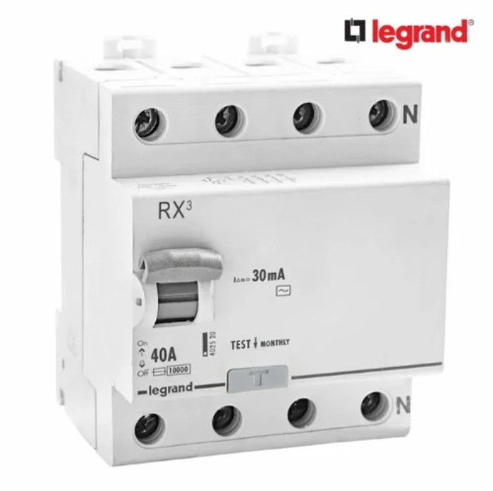 Legrand 40A 4P 100mA ELCB, Reliable Earth Leakage Circuit Breaker with Four Poles and 100mA Trip Sensitivity, Designed to Protect Electrical Circuits in Residential and Commercial Settings